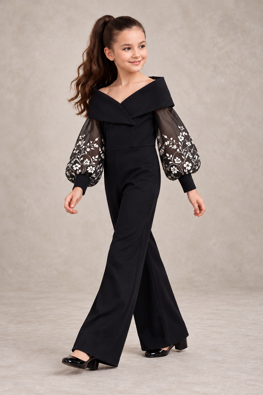 Black Jumpsuit With Elegant Off Shoulder Collar, Sheer Sleeves With Embroidery
