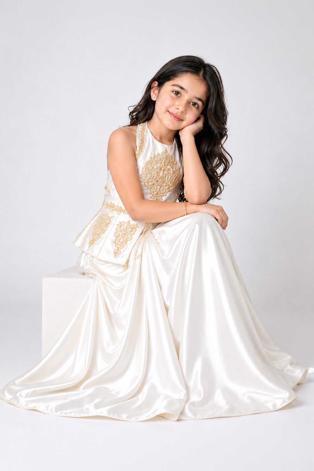 Halter Neck Peplum Top With Golden Embroidery Paired Withy Draped Satin Skirt