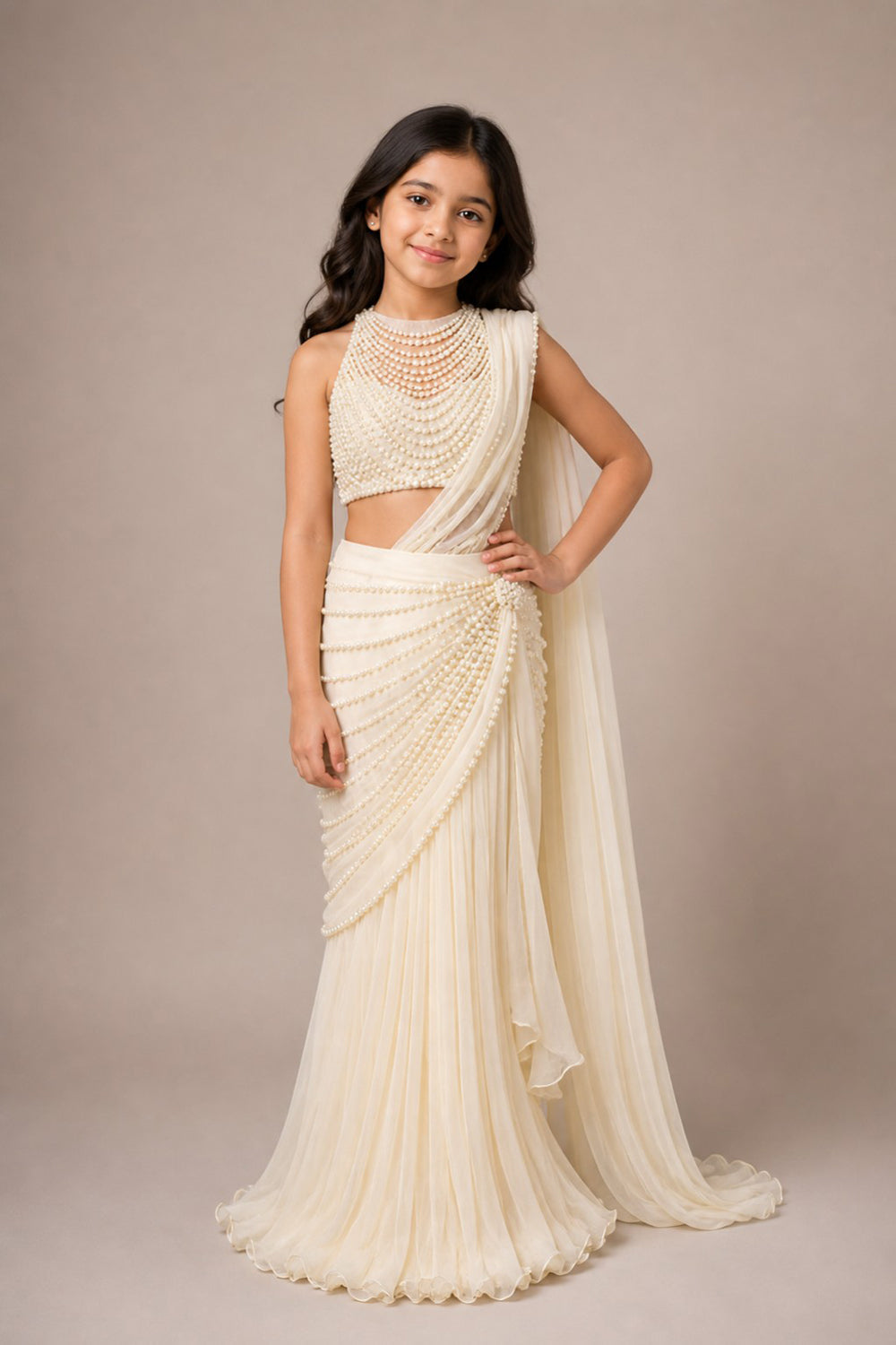 Draped Saree With Pearl Embroidery Blouse And A Pleated Skirt With Graceful Shoulder Drape
