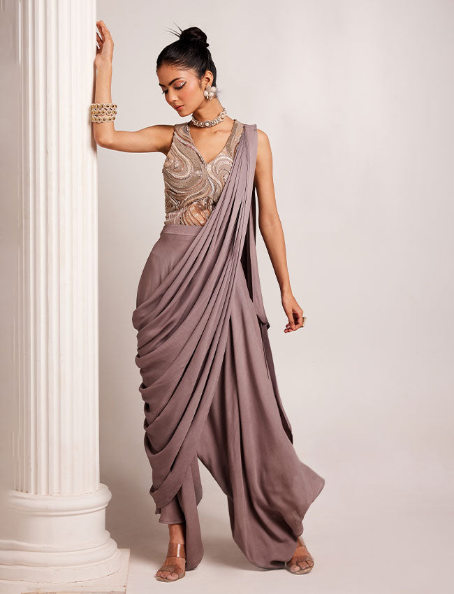 CY Saadgi Nagpal Ethereal Grey Drape Saree Front 1