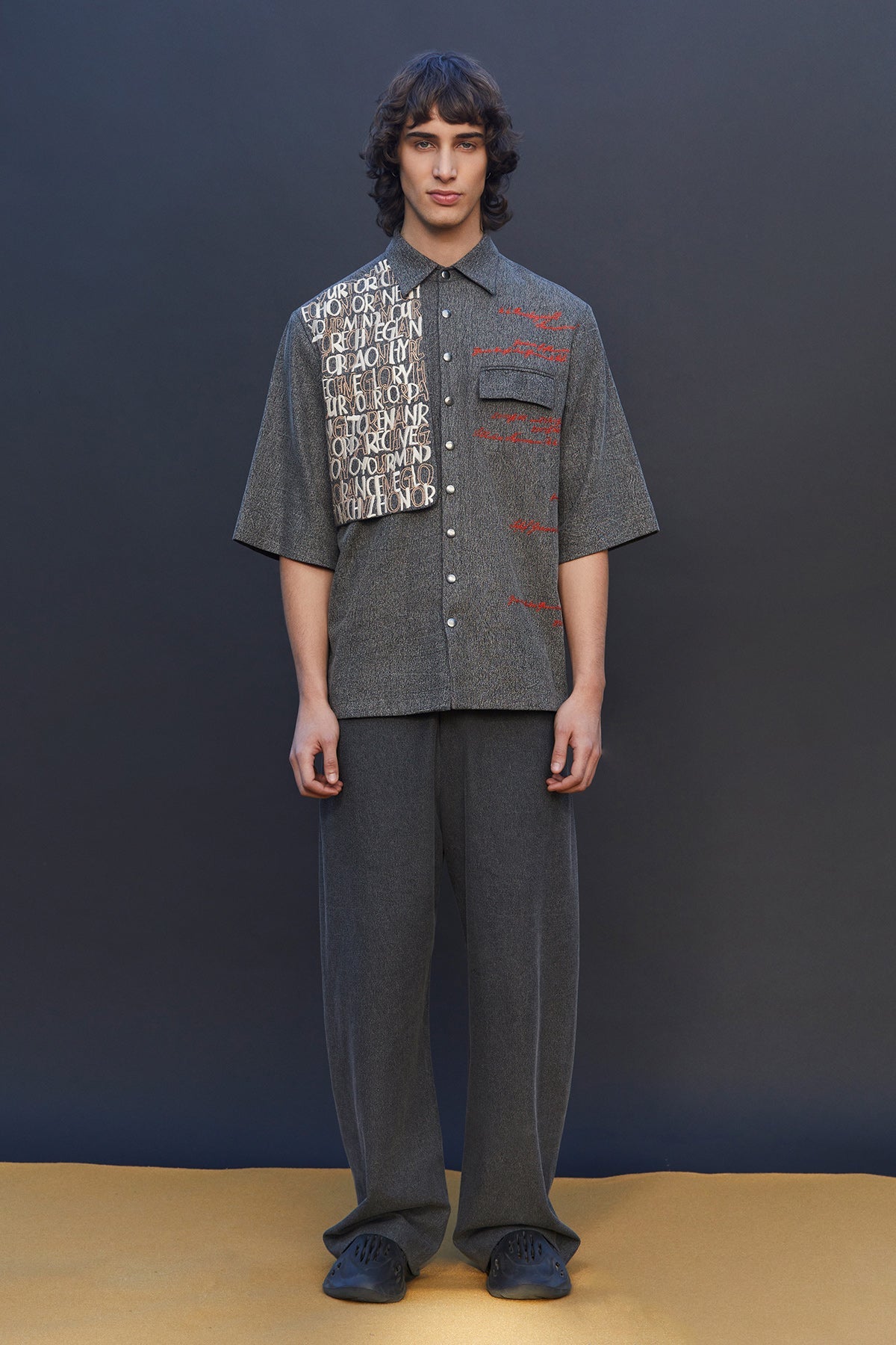 Scribble Flap High-low Oversized Shirt With Baggy Pants
