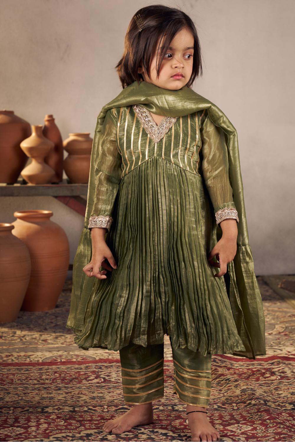 OLIVE GREEN GOTA ANARKALI SET