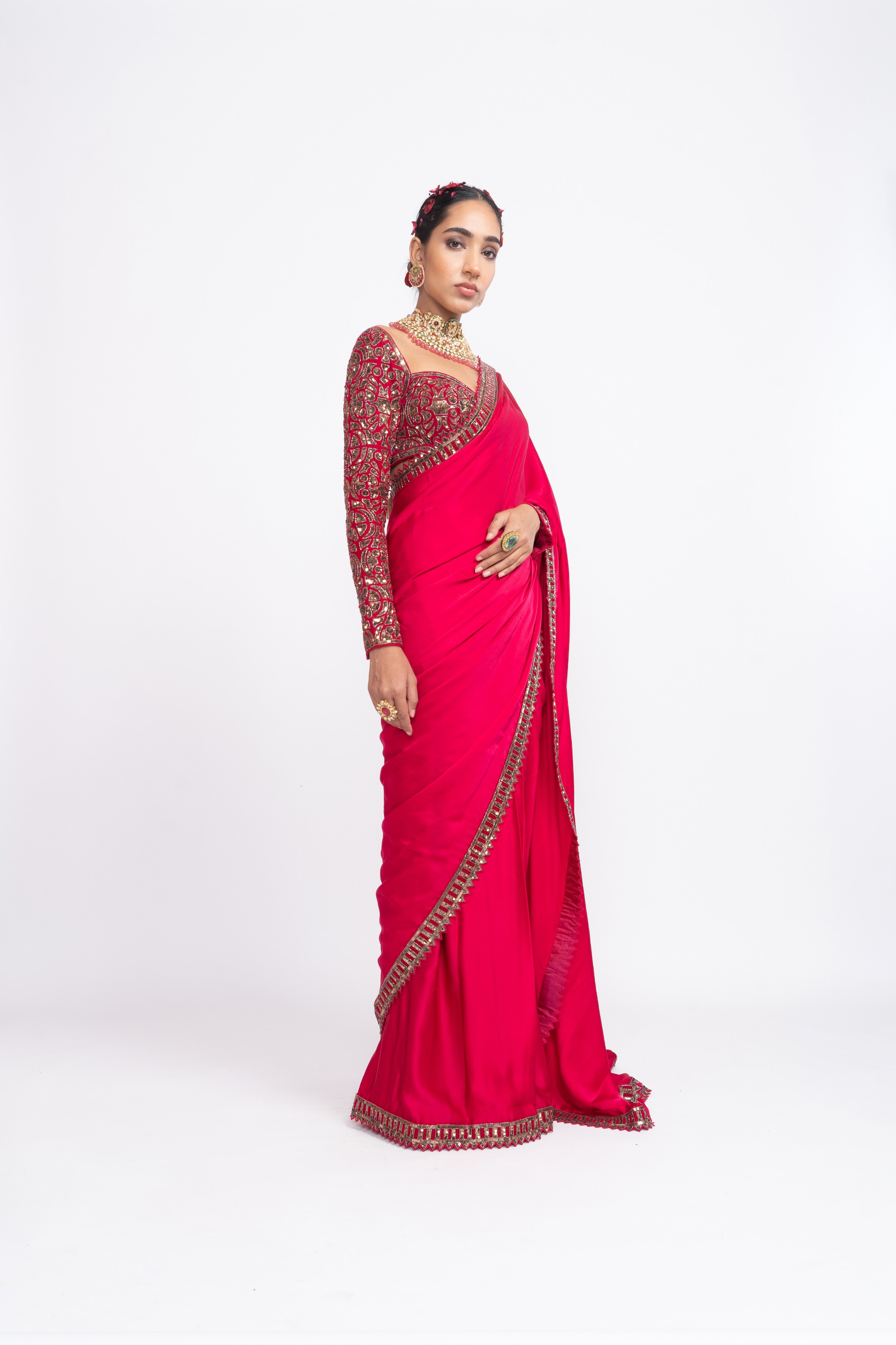 Vvani Vats - Red Satin Saree Set