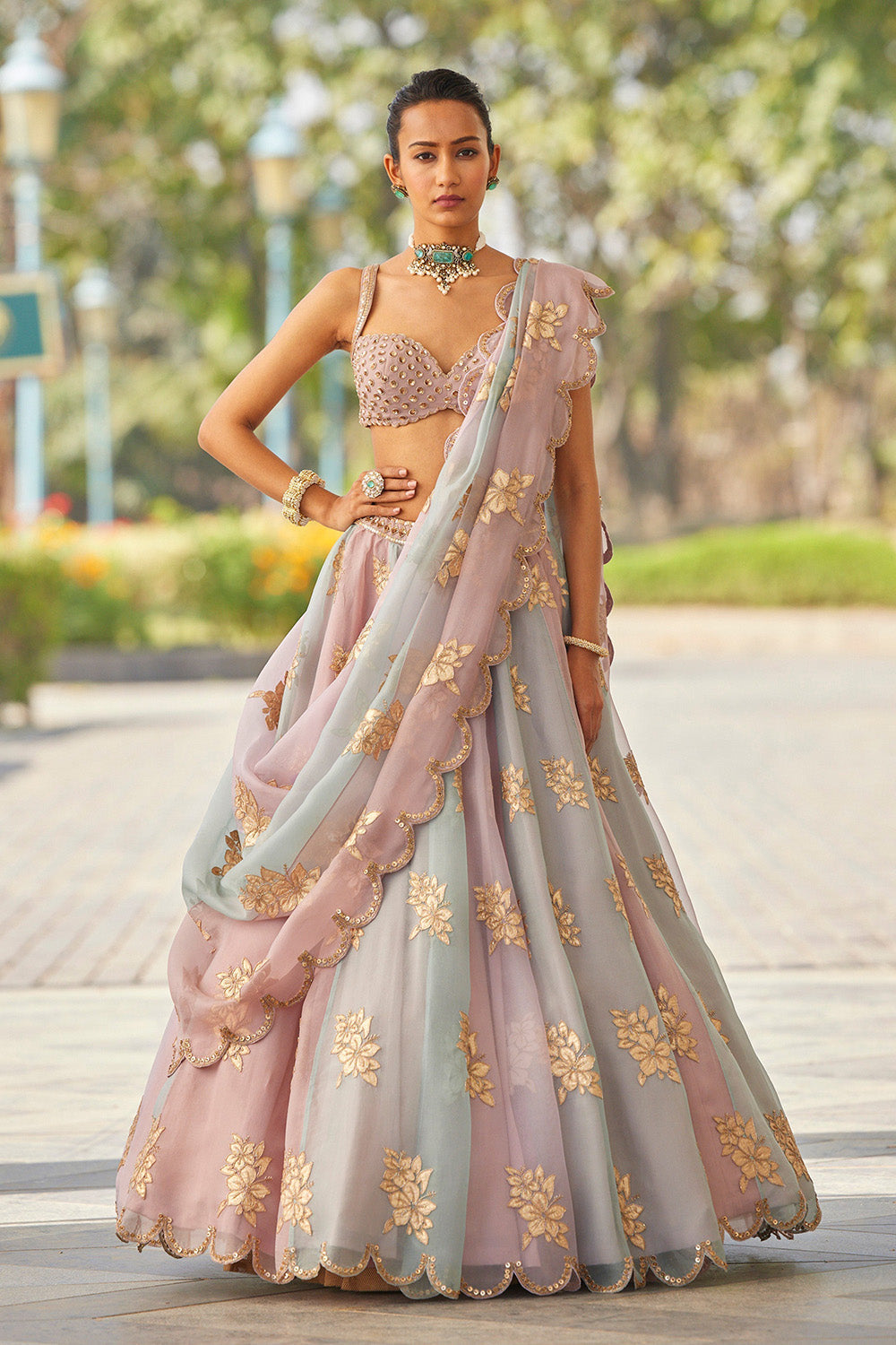 Ash Pink Flower Lehenga Set