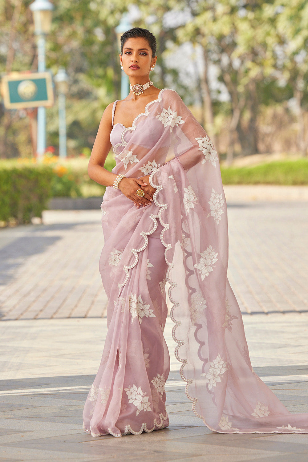 Powder Lilac Flower Saree Set
