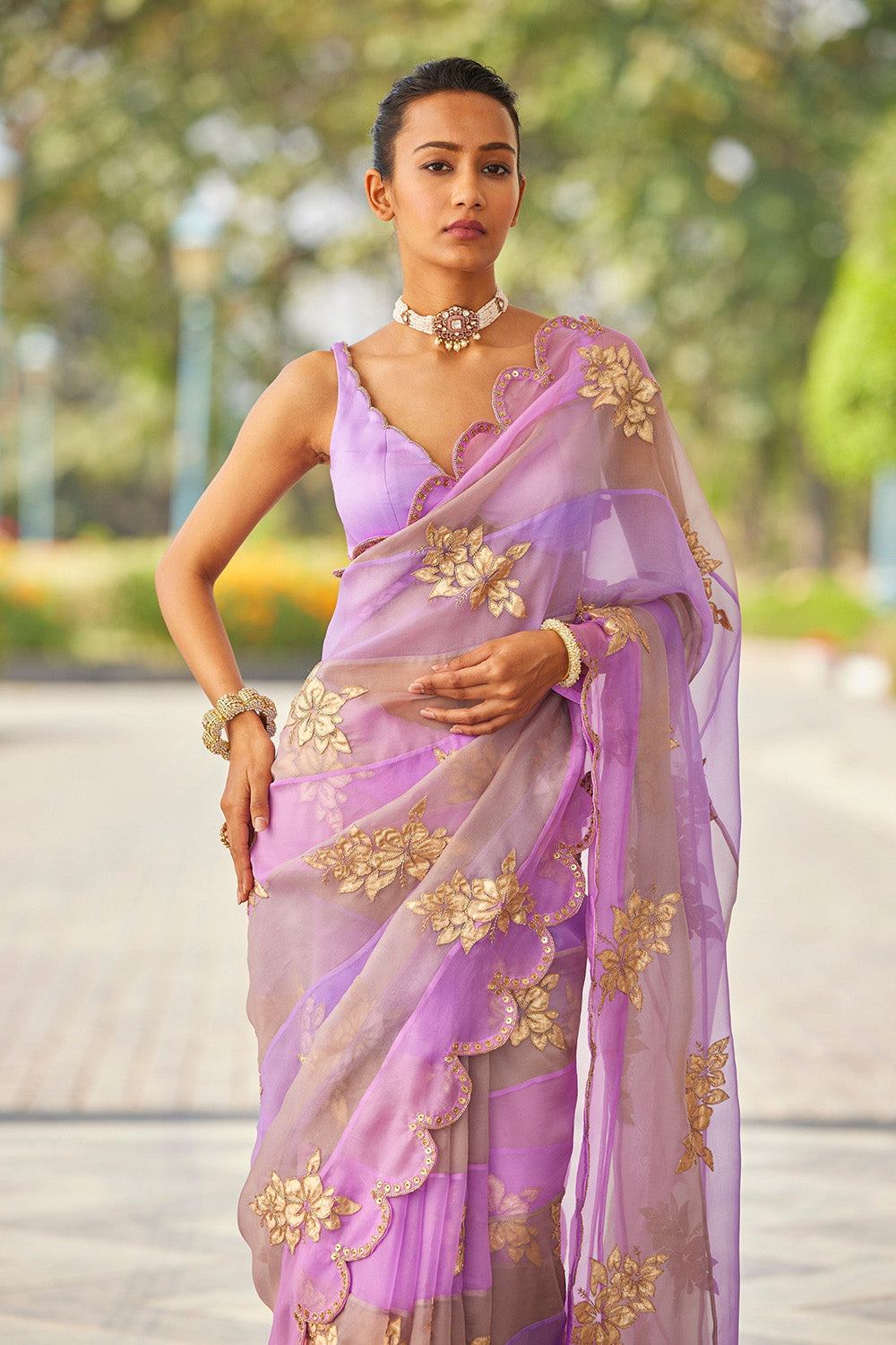 Mauve Multicolor Flower Saree Set