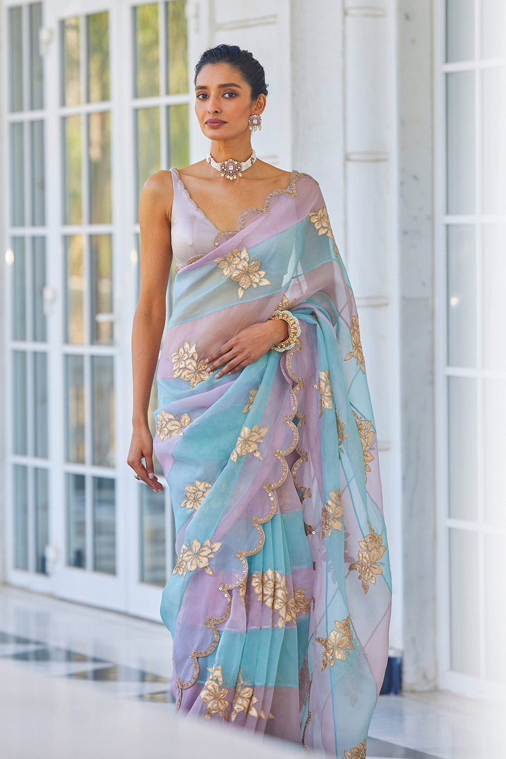 Ash Pink Flower Saree Set