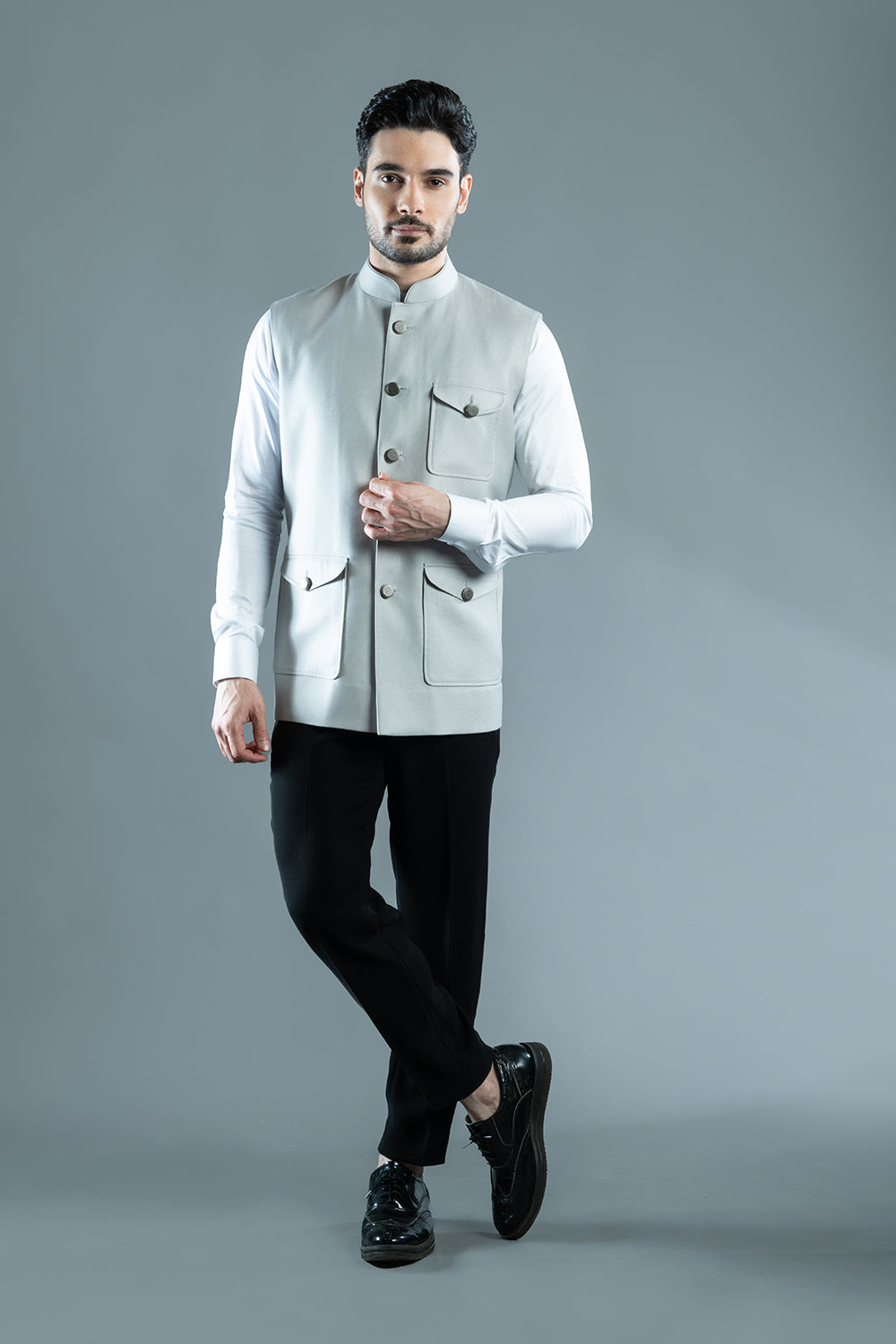 Grey Textured Nehru Jacket