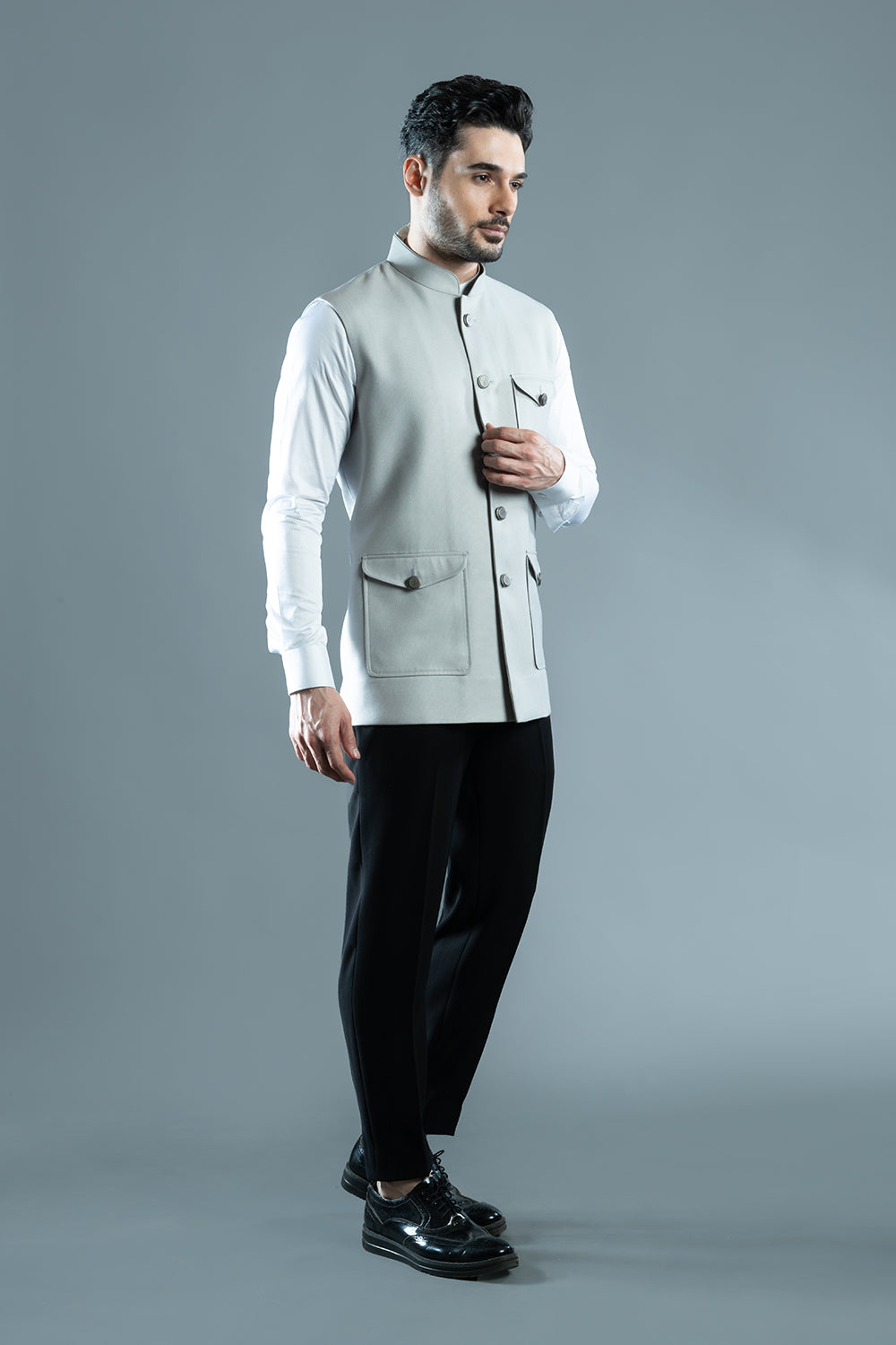 Grey Textured Nehru Jacket