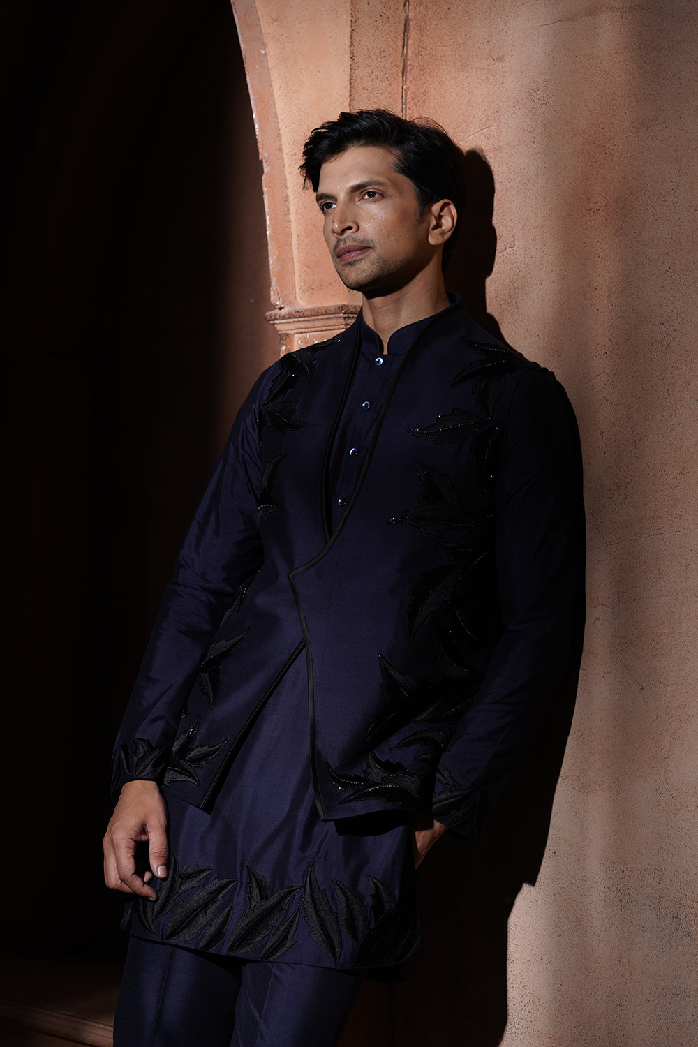 Navy Blue Leaf Embroidered Nehru Jacket Set Vmku28