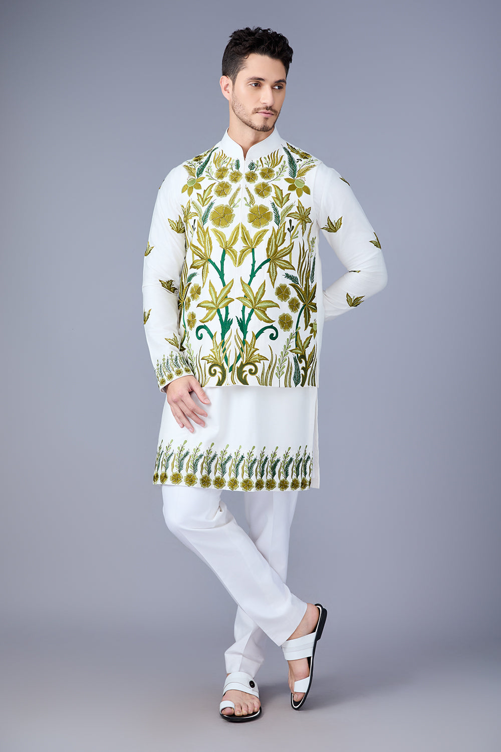Off White And Green Embroidered Bundi Kurta Set