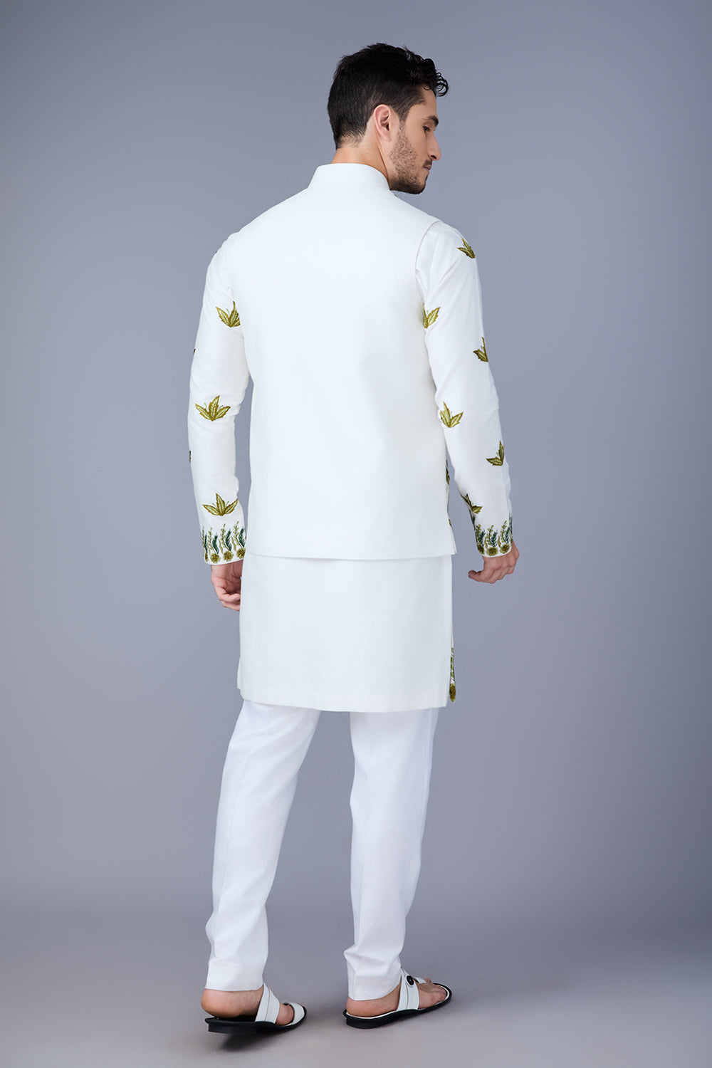 Off White And Green Embroidered Bundi Kurta Set