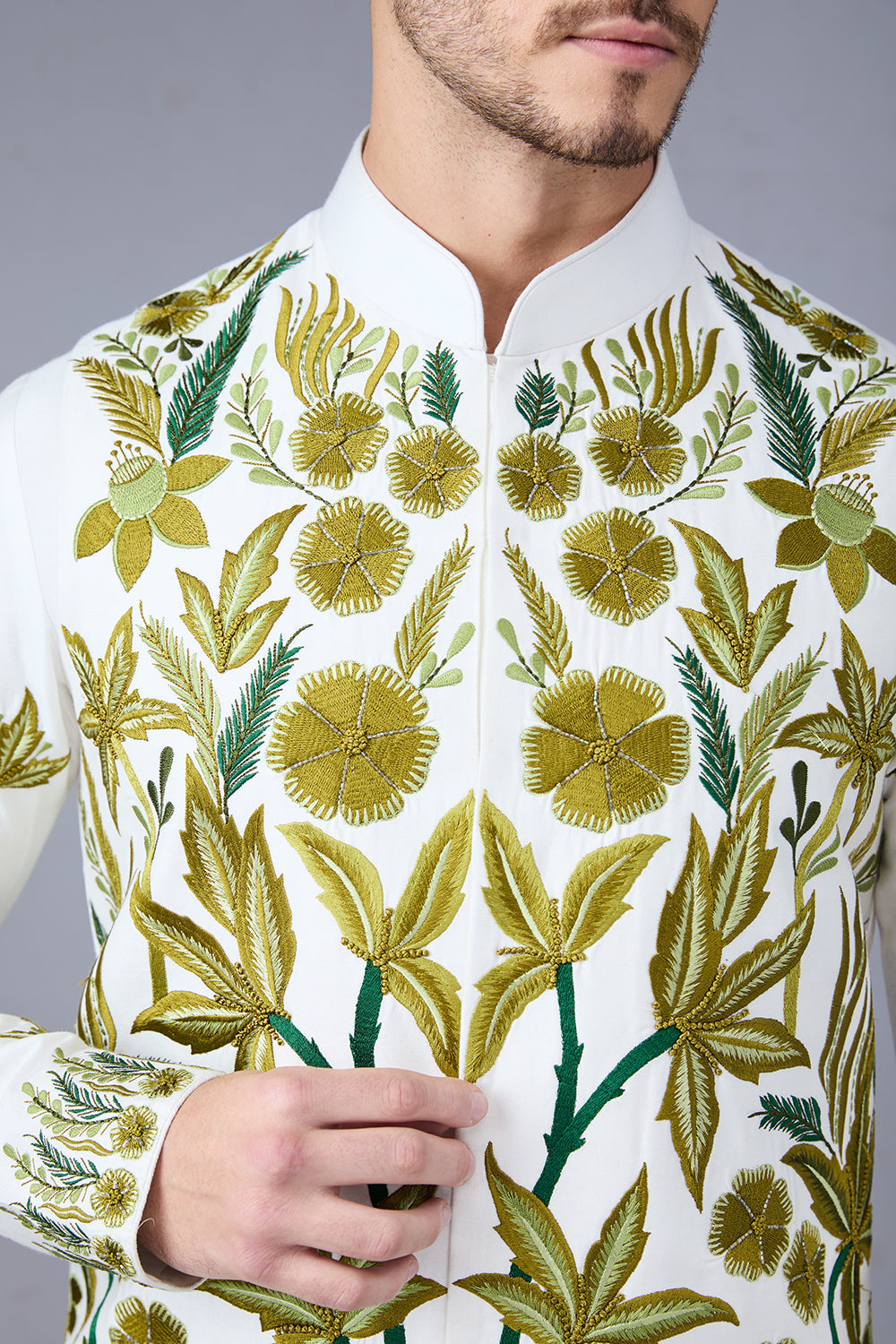 Off White And Green Embroidered Bundi Kurta Set