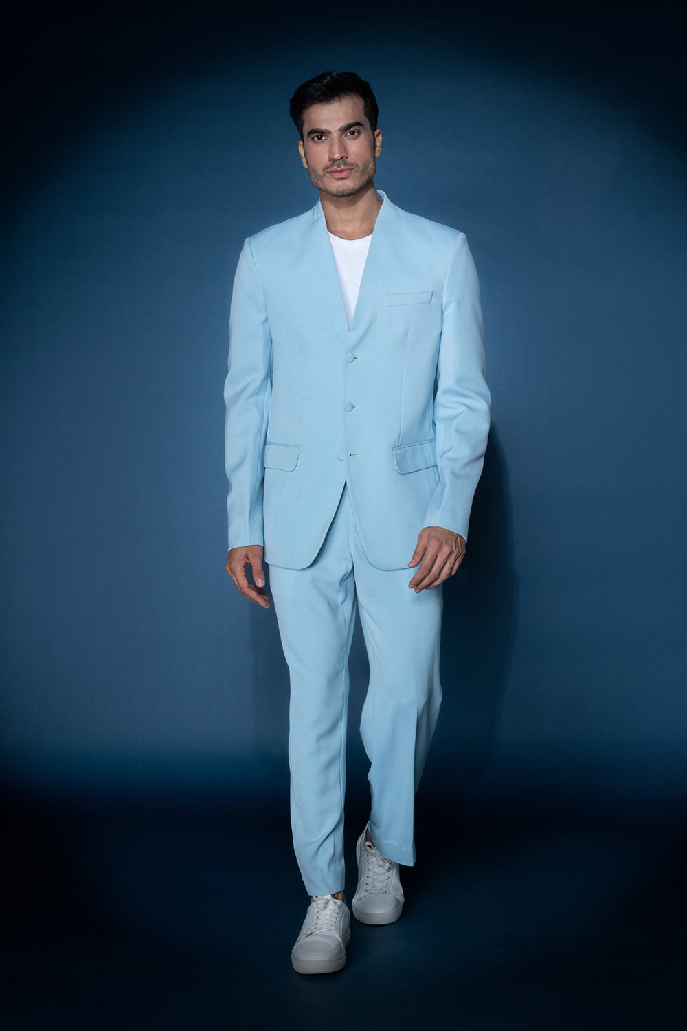 Sky Blue Collarless Jacket Set