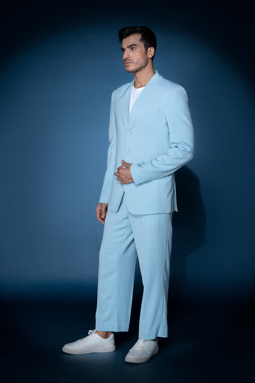 Sky Blue Collarless Jacket Set