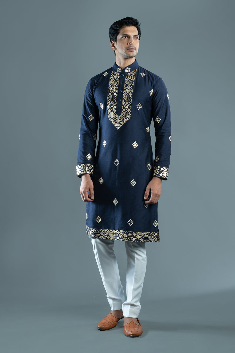 Navy Blue Cotton Silk Foil Kurta