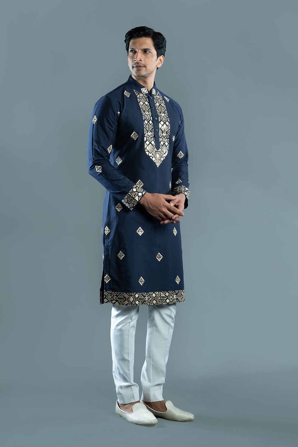 Navy Blue Cotton Silk Foil Kurta
