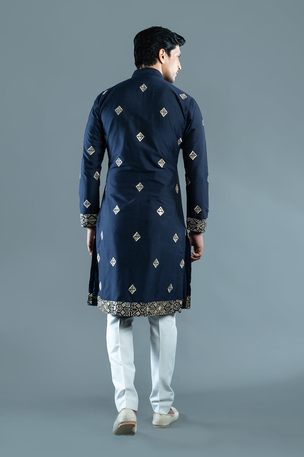 Navy Blue Cotton Silk Foil Kurta