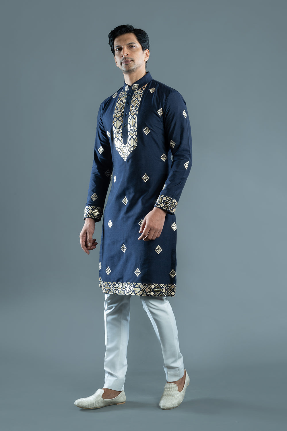 Navy Blue Cotton Silk Foil Kurta