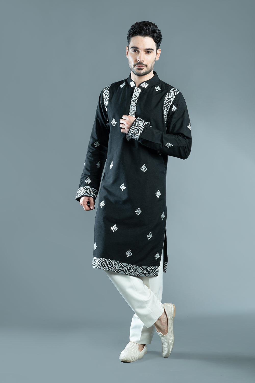 Black Cotton Silk Foil Kurta