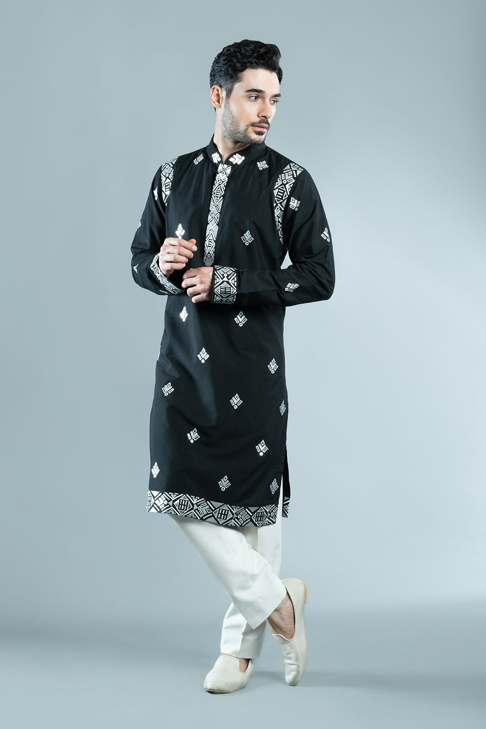 Black Cotton Silk Foil Kurta