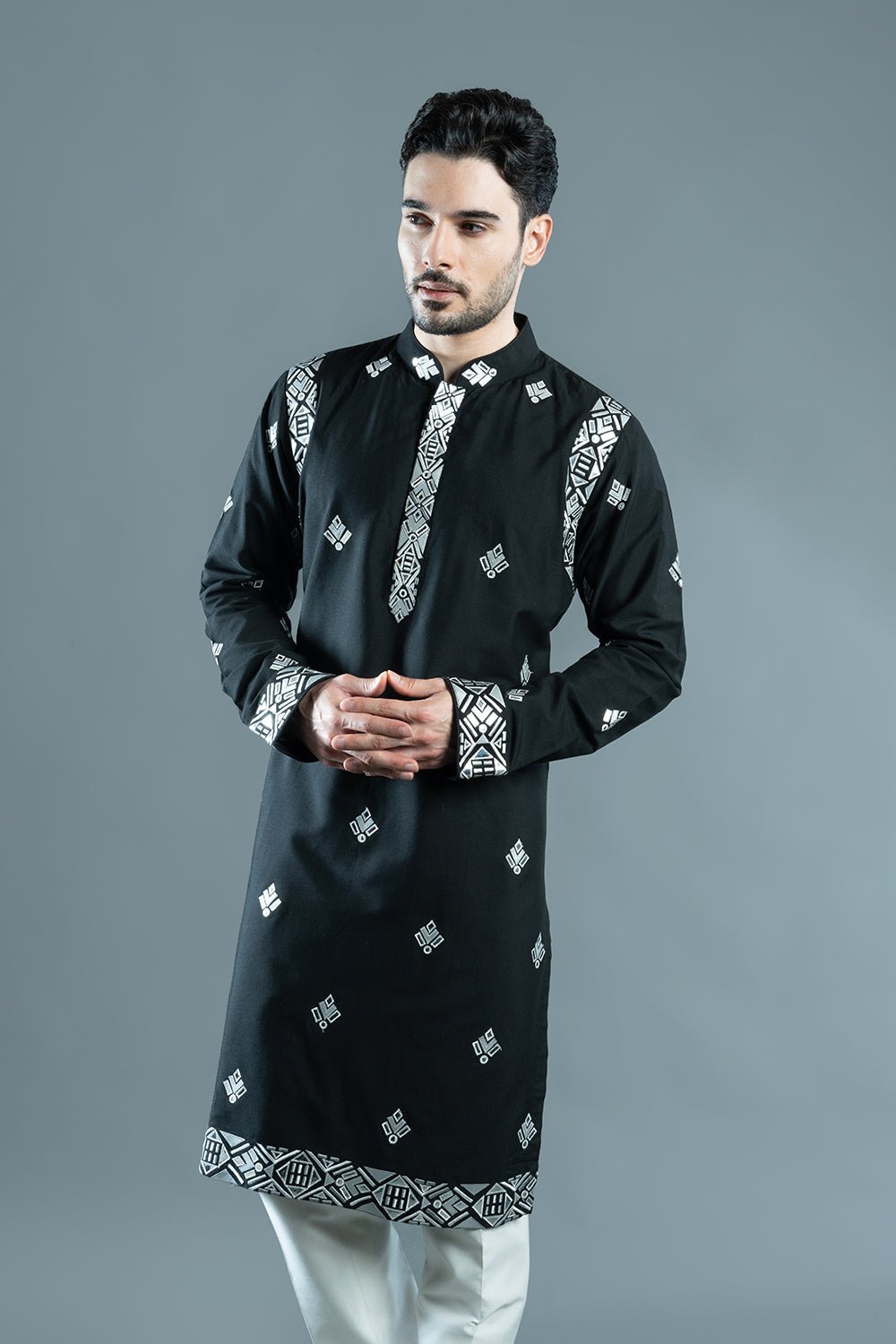 Black Cotton Silk Foil Kurta