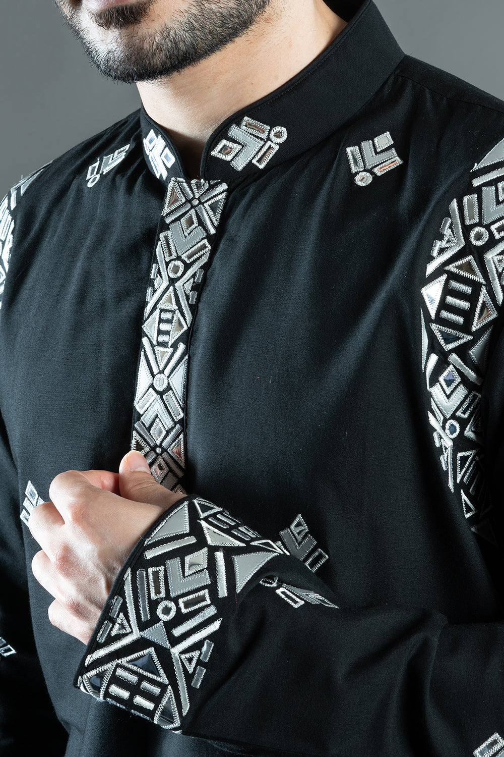 Black Cotton Silk Foil Kurta
