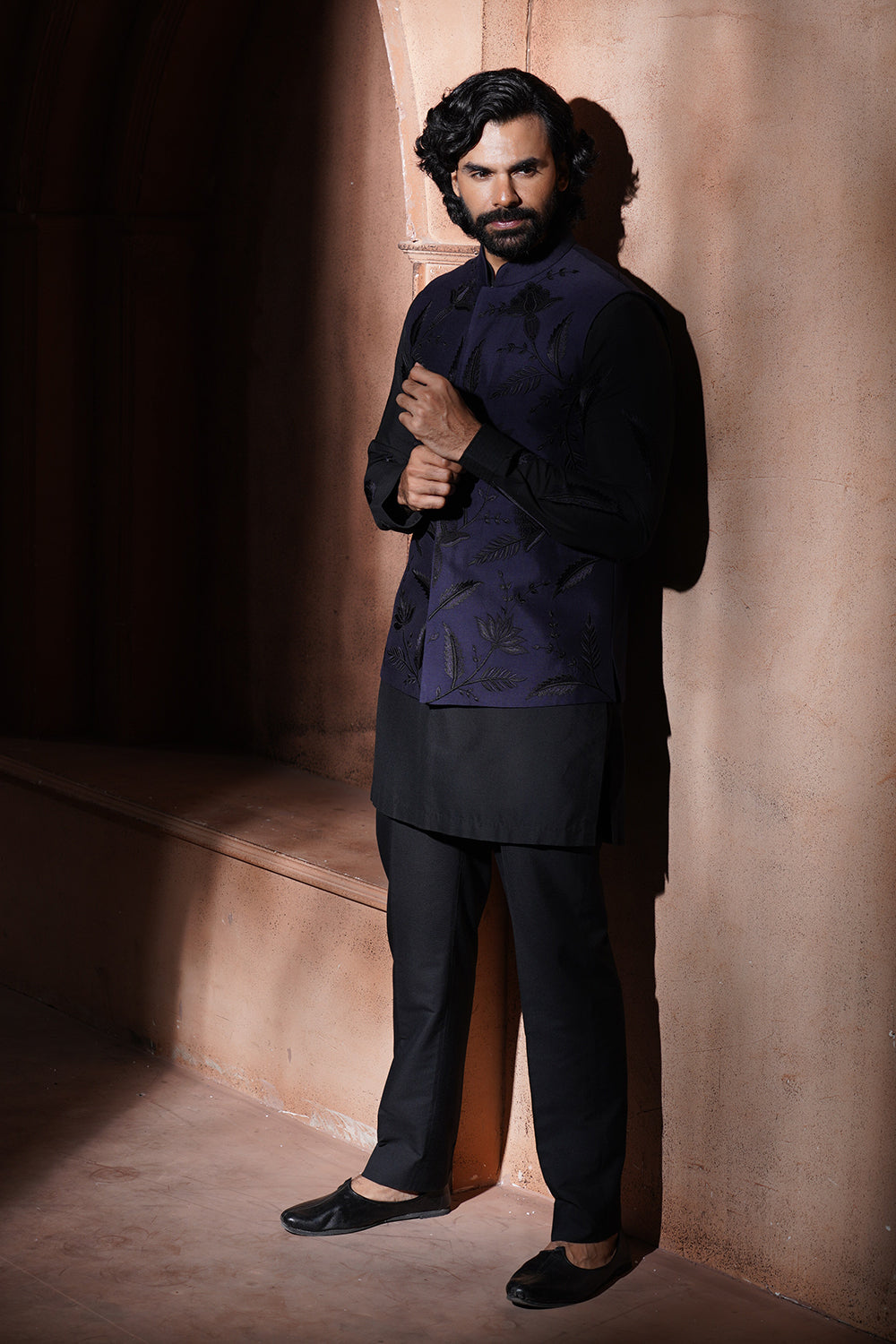Navy Blue Leaf Embroidered Nehru Jacket