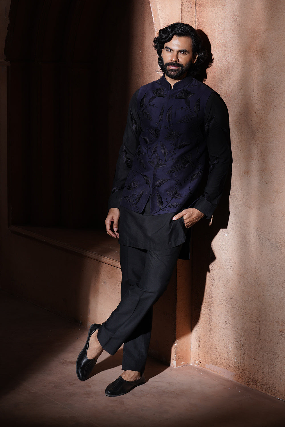 Navy Blue Leaf Embroidered Nehru Jacket