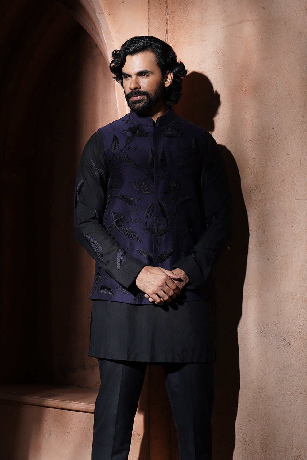 Navy Blue Leaf Embroidered Nehru Jacket