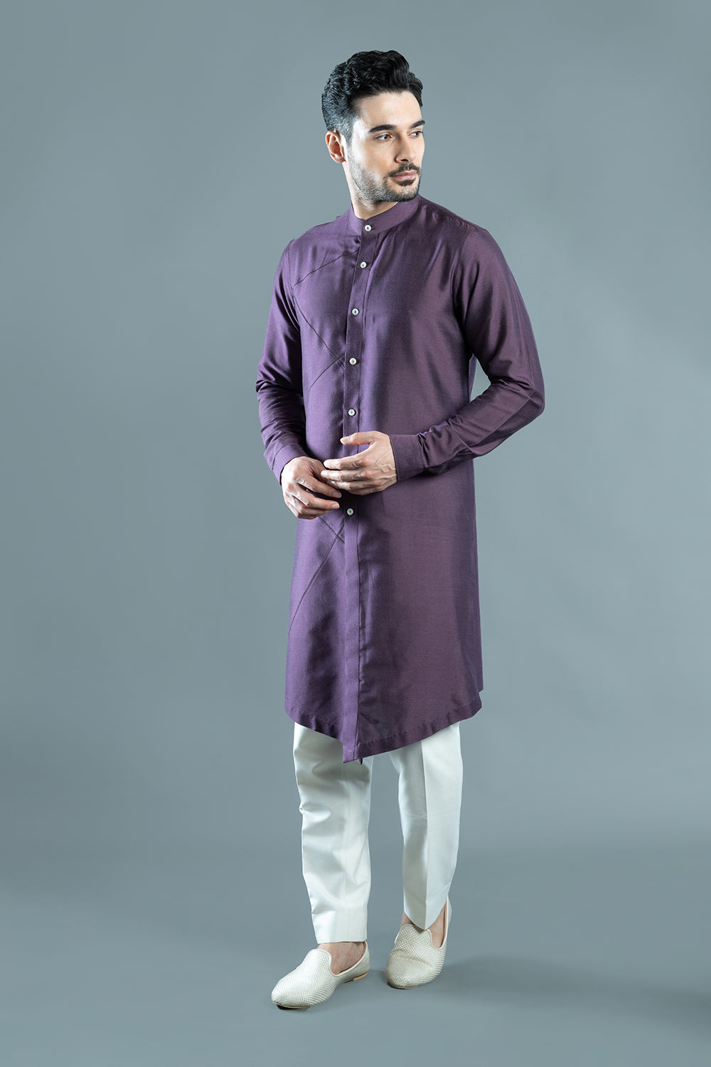 Purple Sherwani Cut Embroidered Kurta