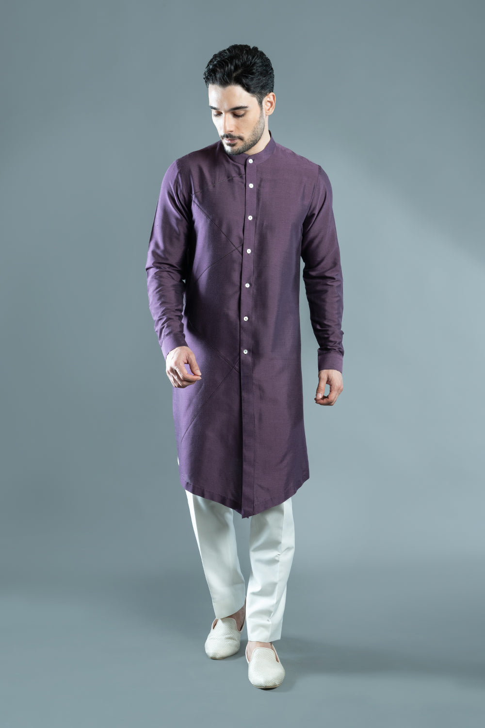 Purple Sherwani Cut Embroidered Kurta