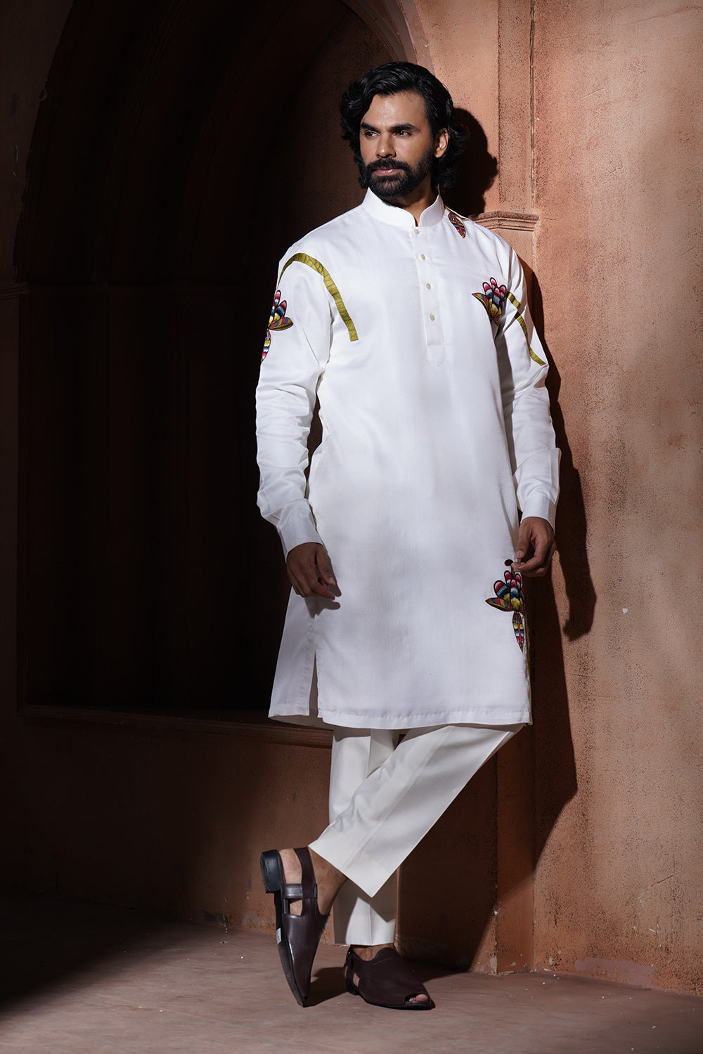 Off White Banana Flower Embroidered Kurta Pajama Set