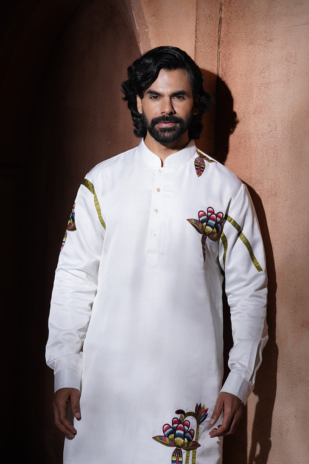 Off White Banana Flower Embroidered Kurta Pajama Set
