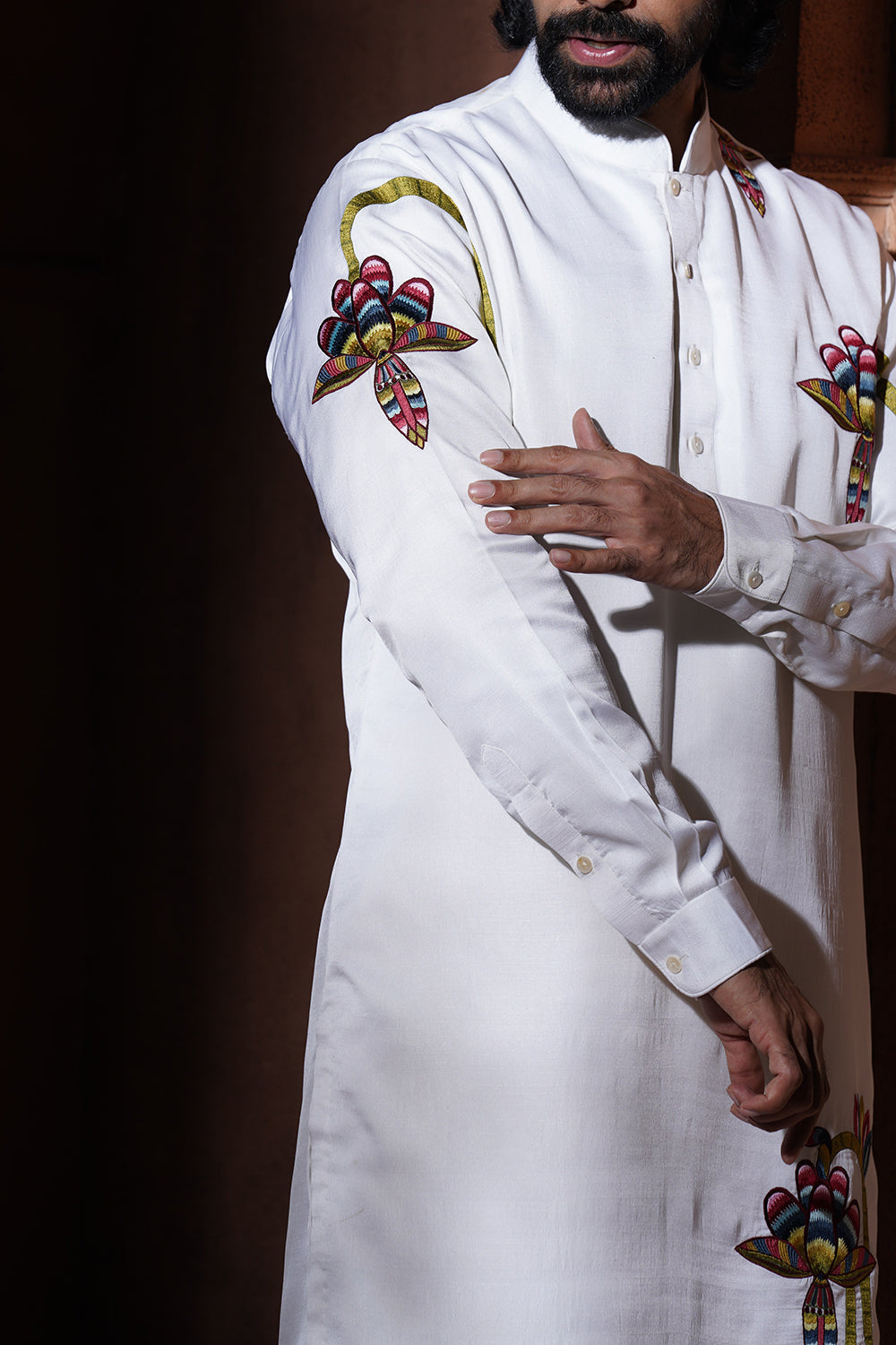 Off White Banana Flower Embroidered Kurta Pajama Set
