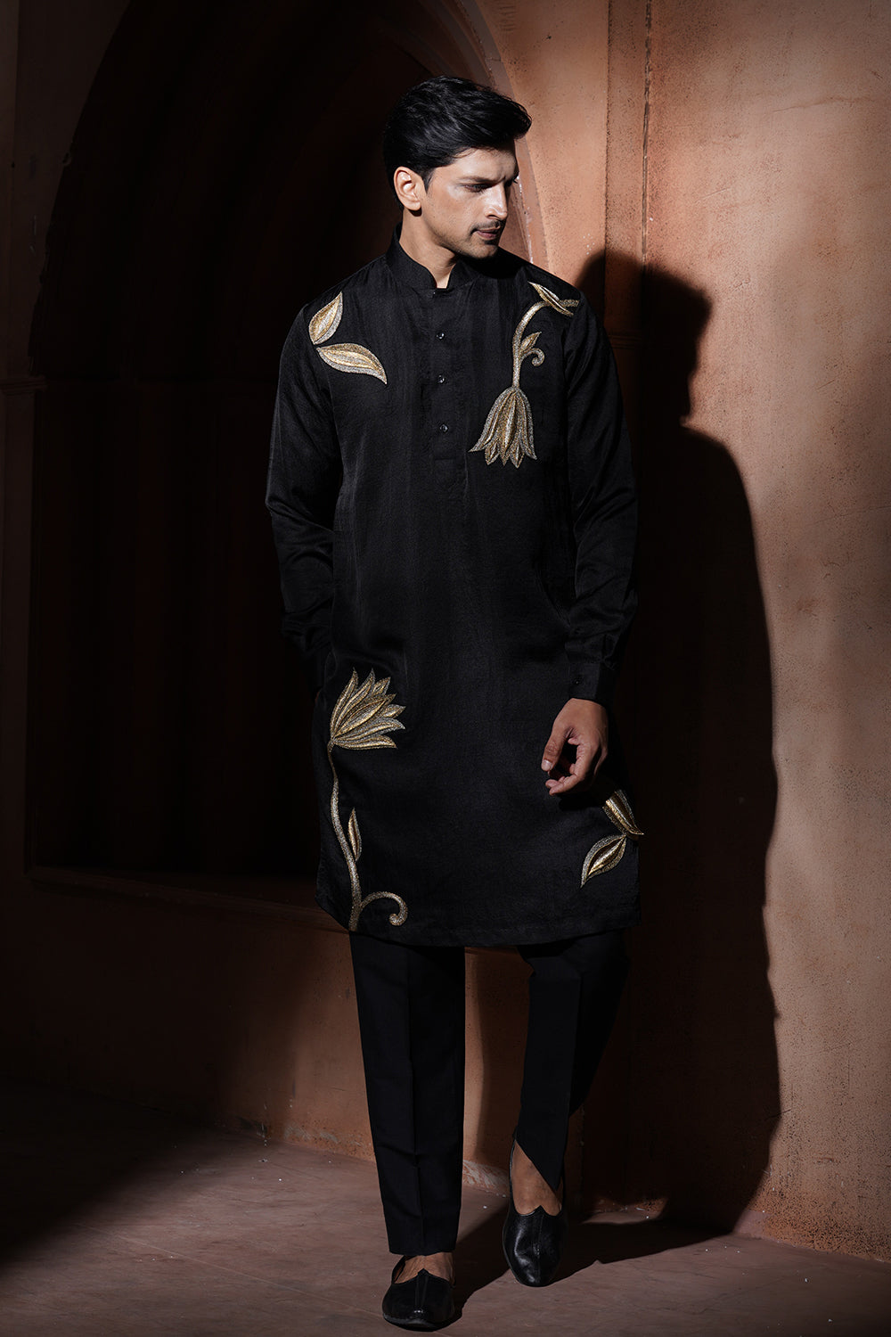 Black Lotus Embroidered Kurta
