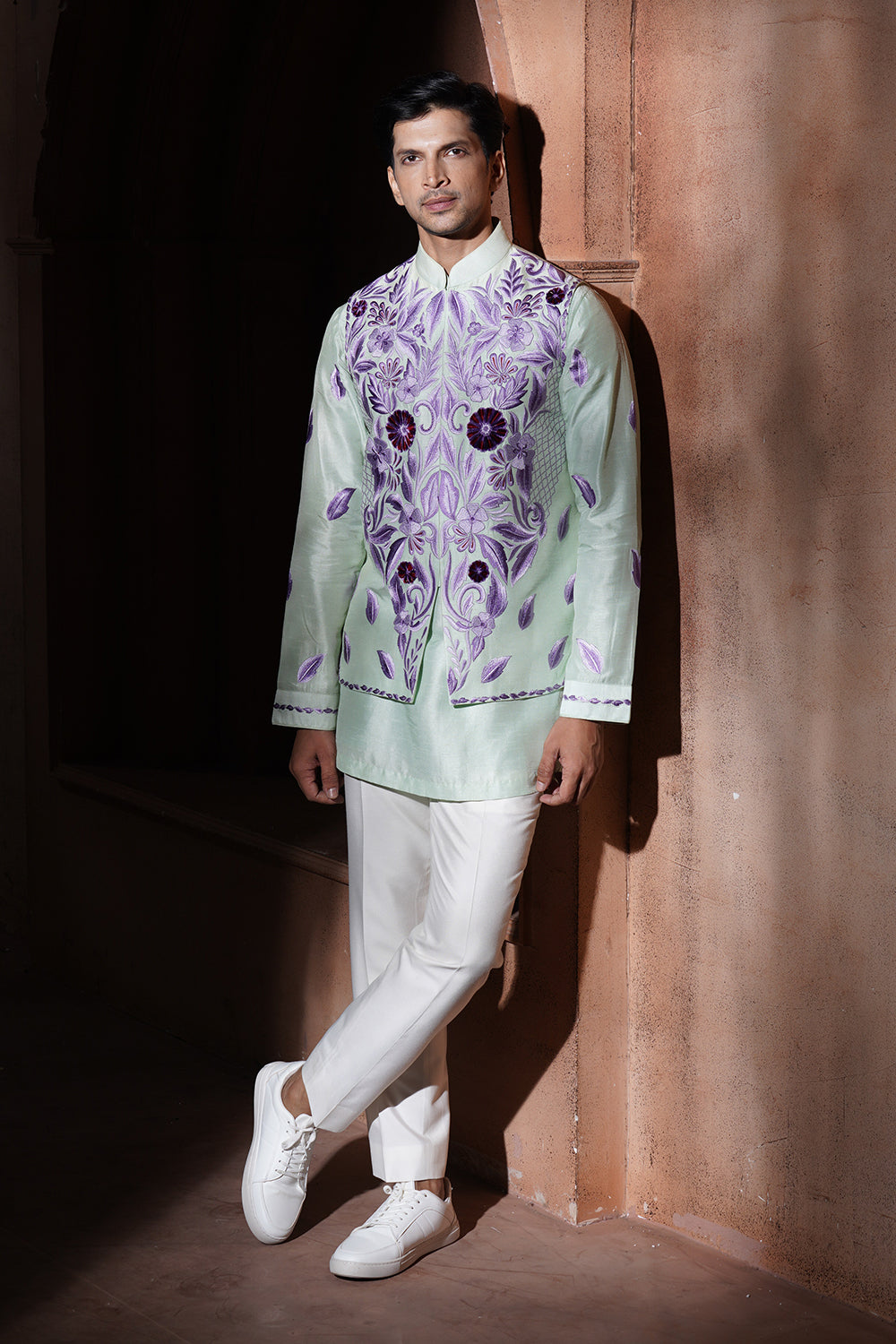 Mint Green Kurta Bundi With Purple Embroidery
