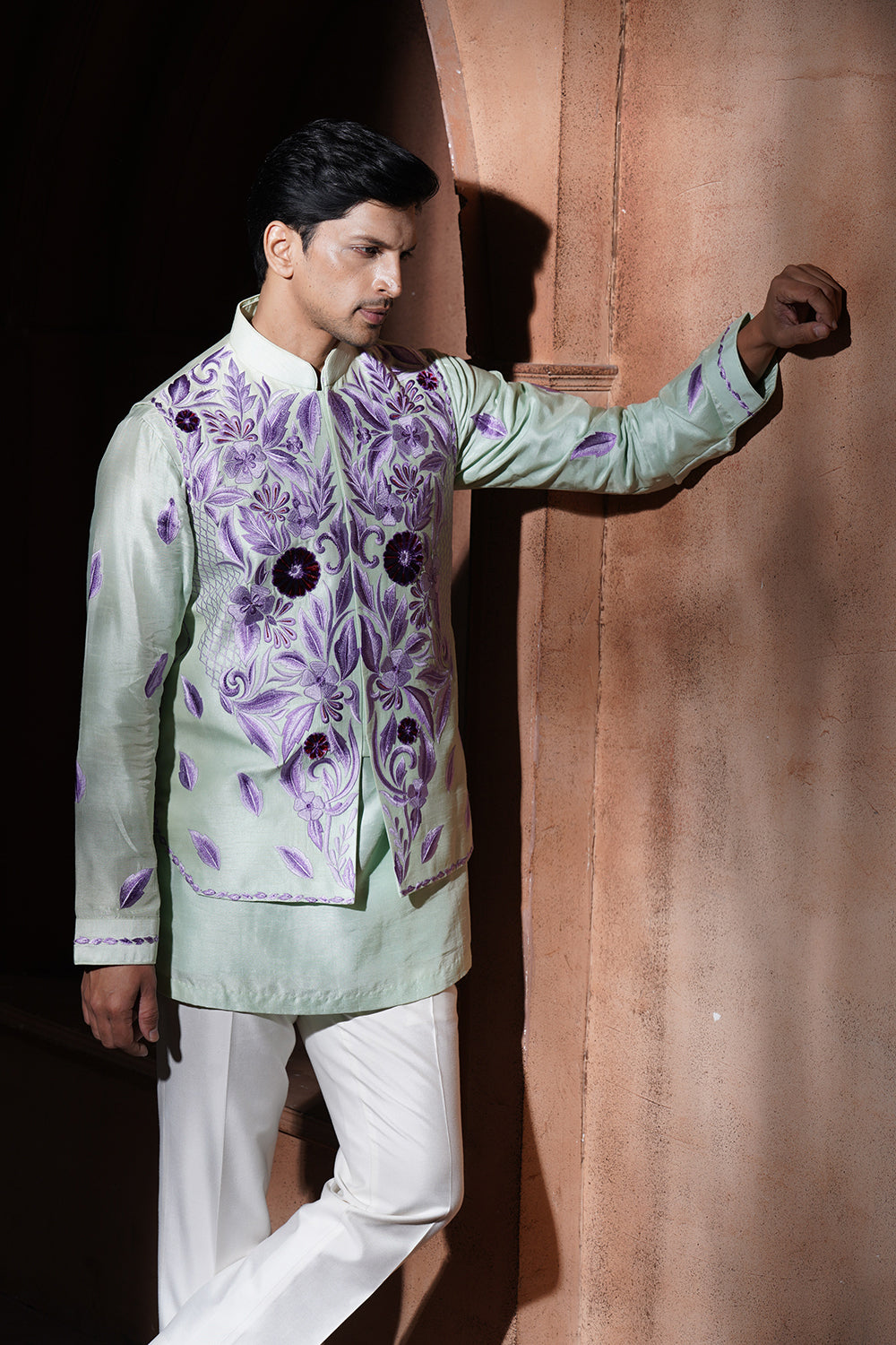 Mint Green Kurta Bundi With Purple Embroidery