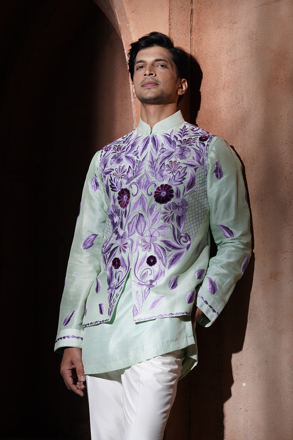 Mint Green Kurta Bundi With Purple Embroidery
