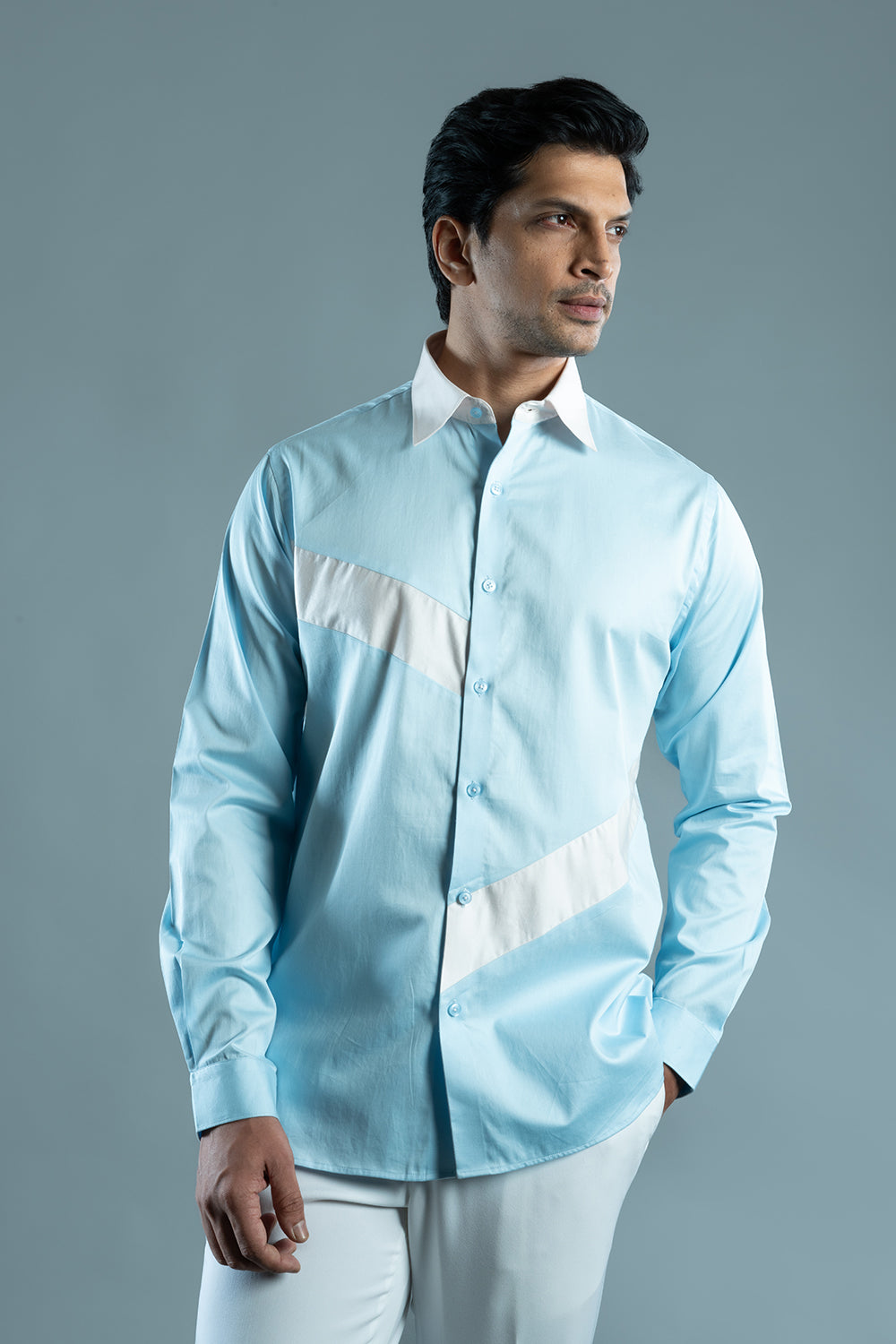 Powder Blue And White Block Cotton Shirt