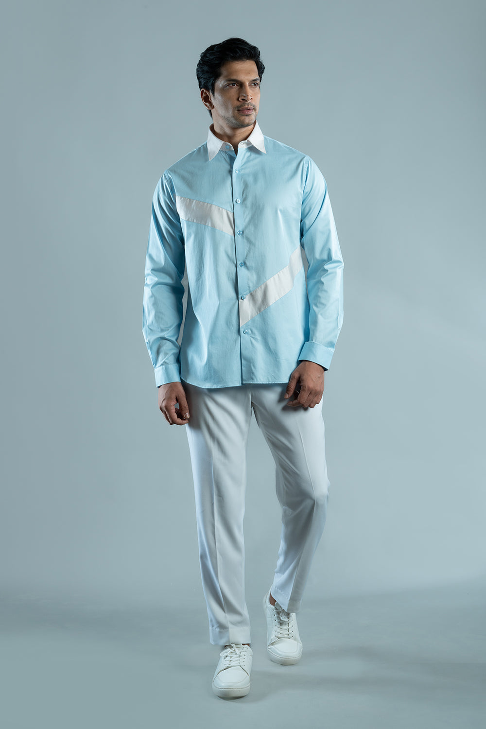Powder Blue And White Block Cotton Shirt