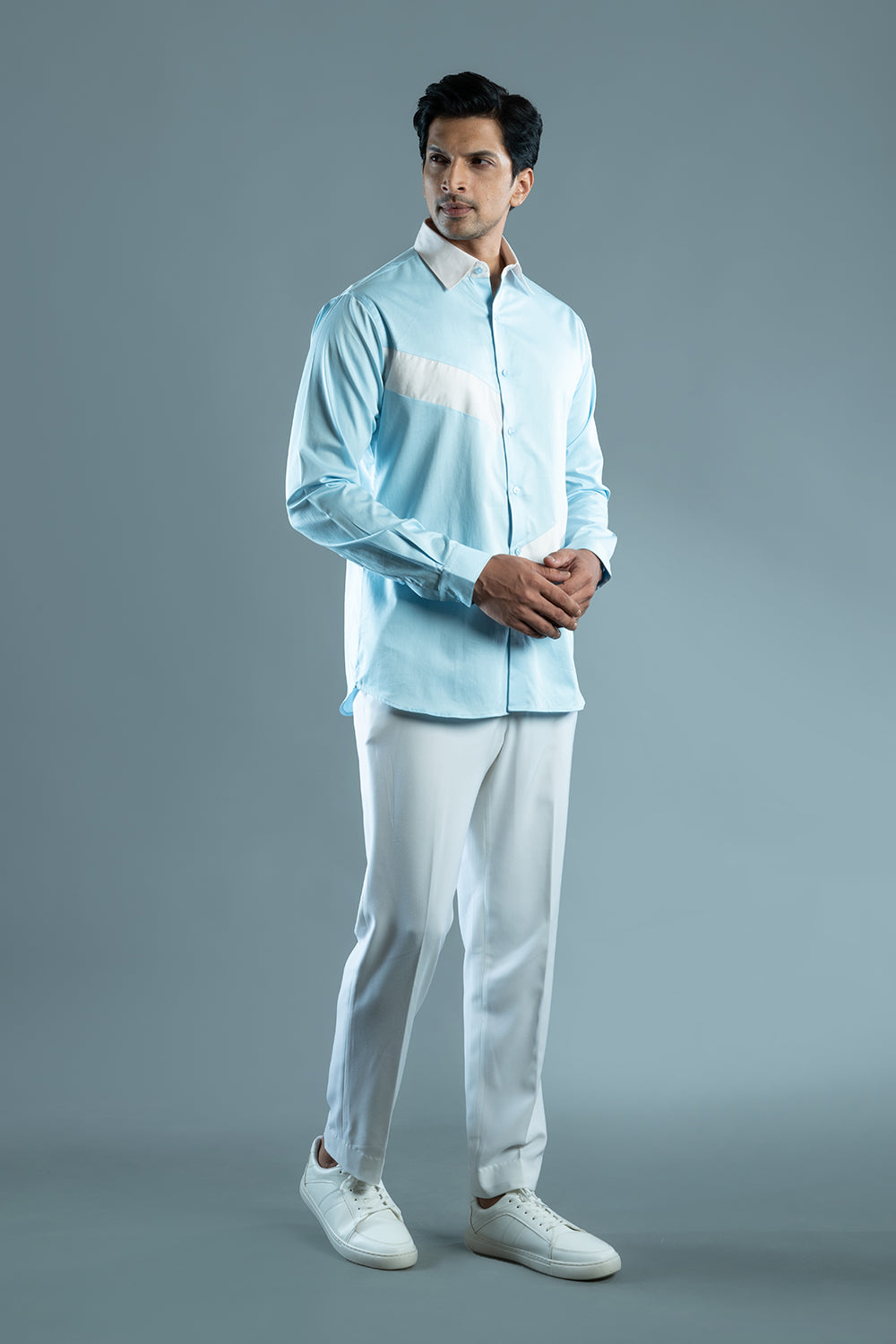 Powder Blue And White Block Cotton Shirt