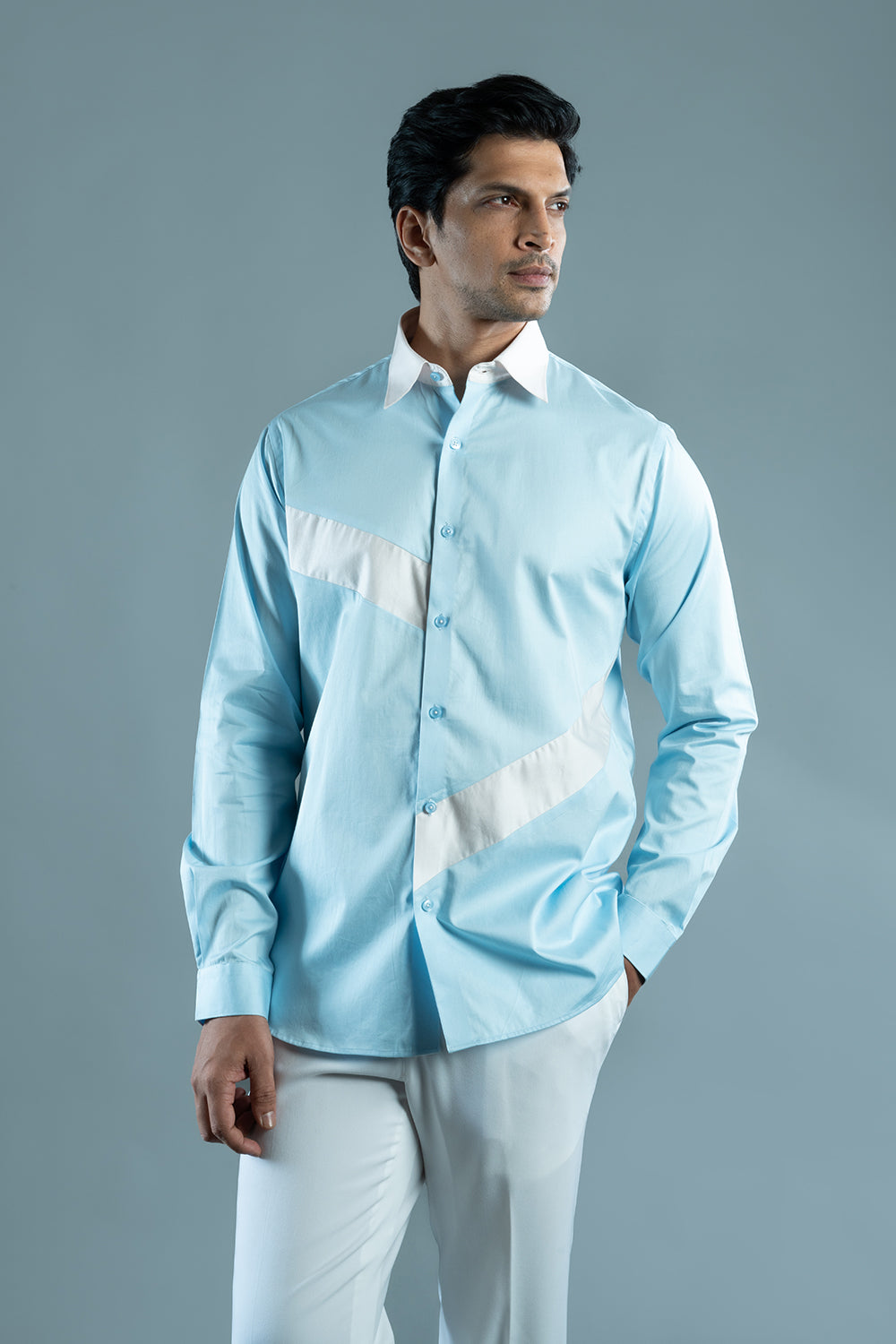 Powder Blue And White Block Cotton Shirt