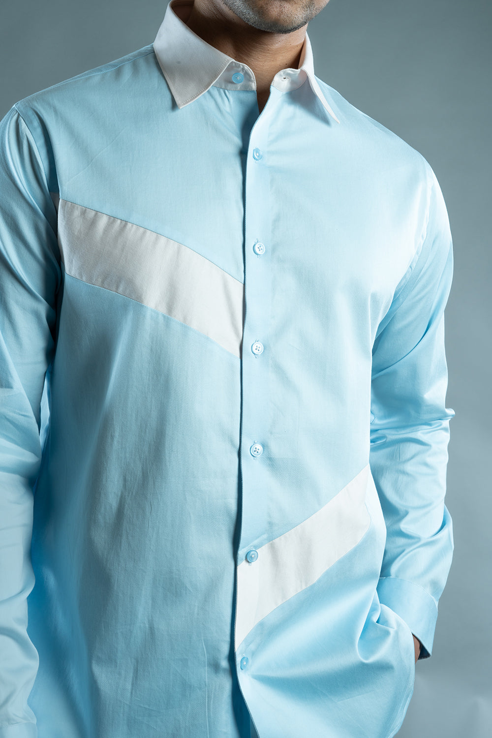 Powder Blue And White Block Cotton Shirt
