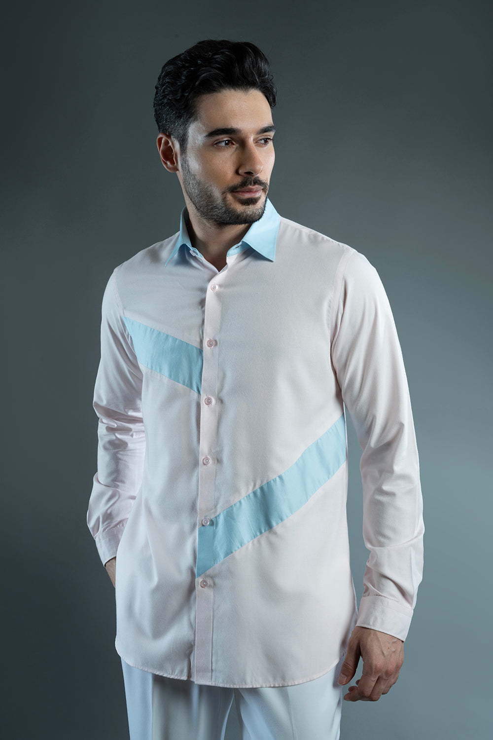 Pink & Blue Cotton Colour Block Shirt
