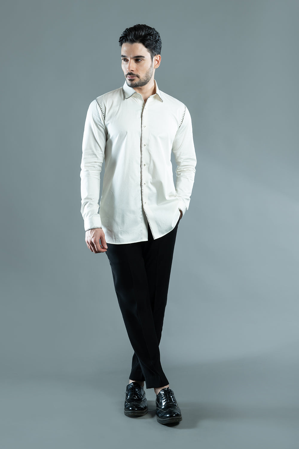 White Shirt With Black Blanket Stitch