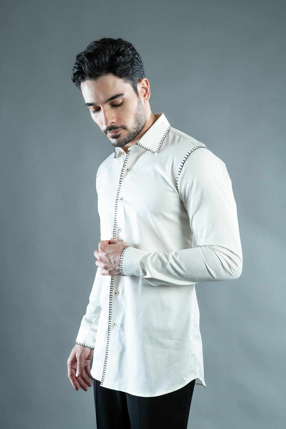 White Shirt With Black Blanket Stitch
