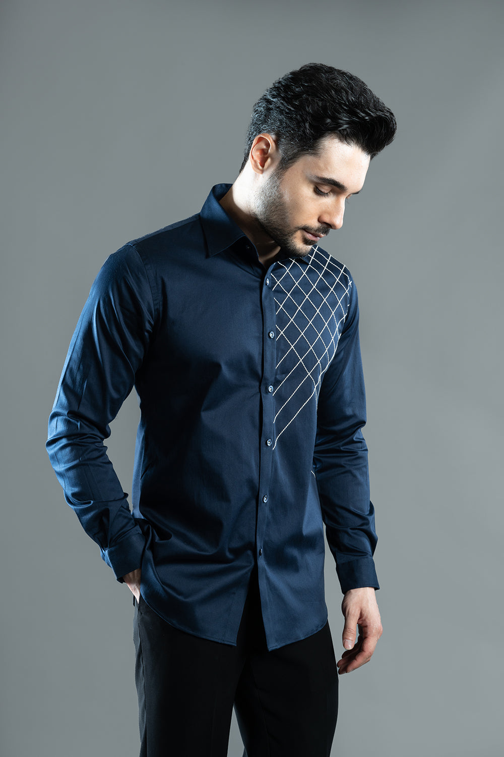 Navy Blue Shirt With Criss Cross Embroidery