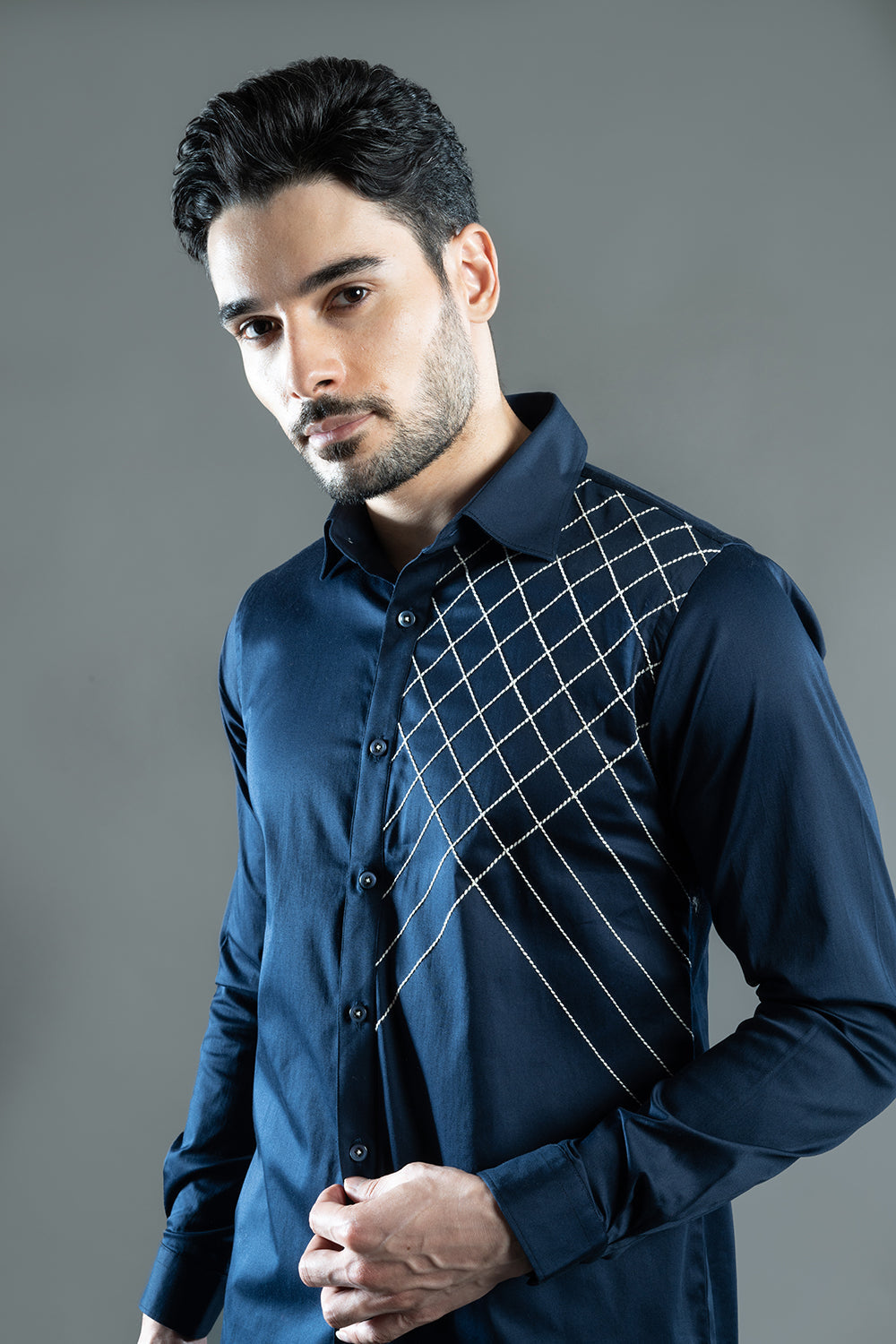 Navy Blue Shirt With Criss Cross Embroidery