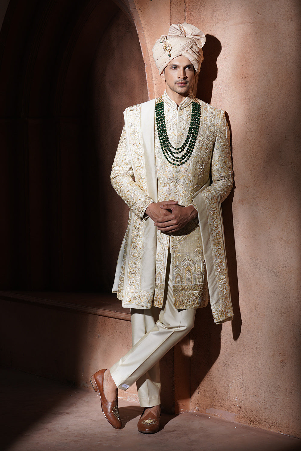 Cream Hand Embroidered Sherwani